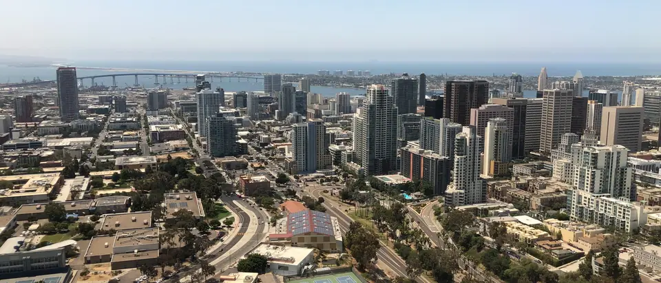Downtown San Diego and the Coronado bridge across the bay, seen from the air