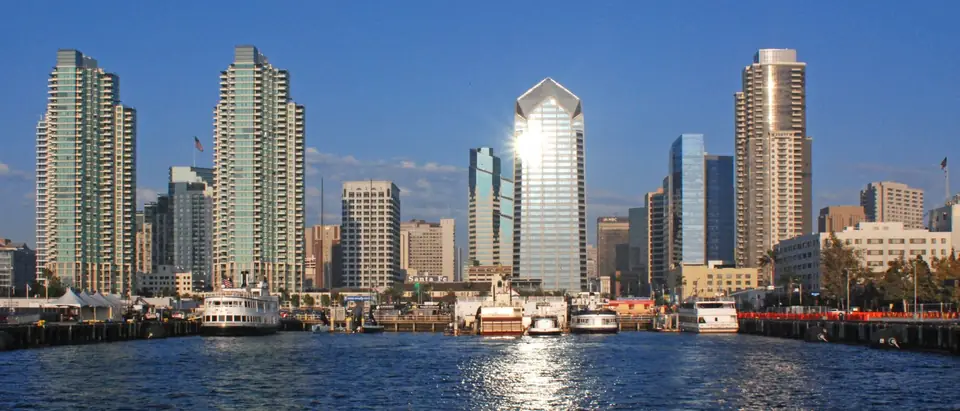 Downtown San Diego towers seen from across the bay on a clear day