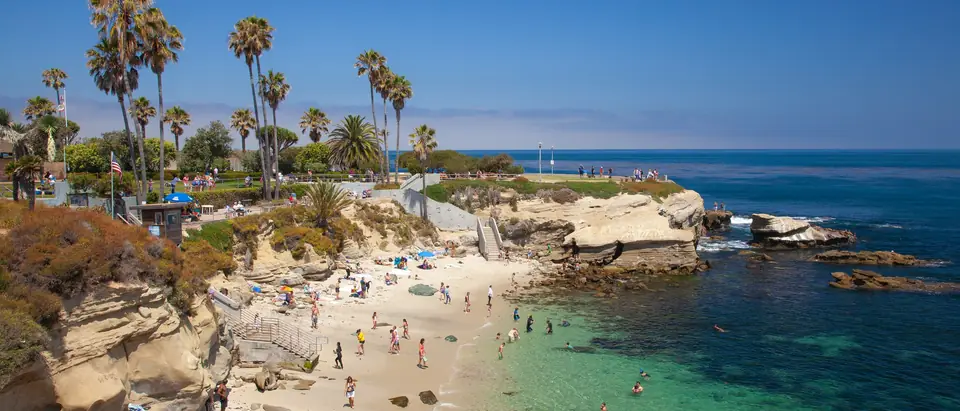 La Jolla Cove in San Diego on a sunny day: palms on the bluff, a small beach and clear turquoise water